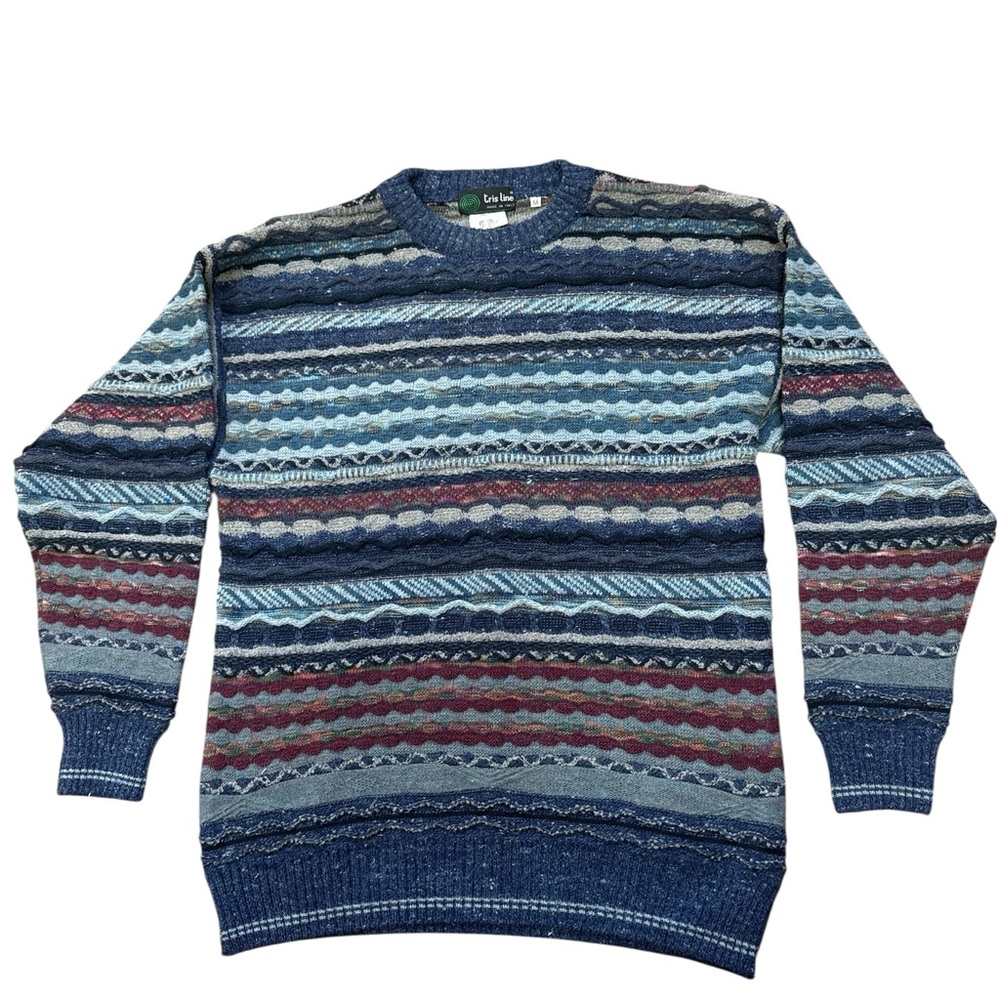 VTG Tris Line - Blue/Burgandy Stipes - Crewneck Men's Sweater - Medium